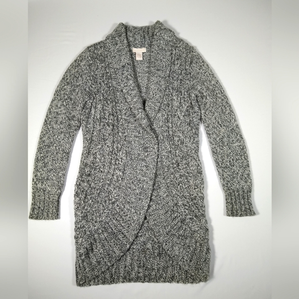 BY Artisan Wool Blend Gray White Marbled Open Front Shawl Collar Cardigan Medium